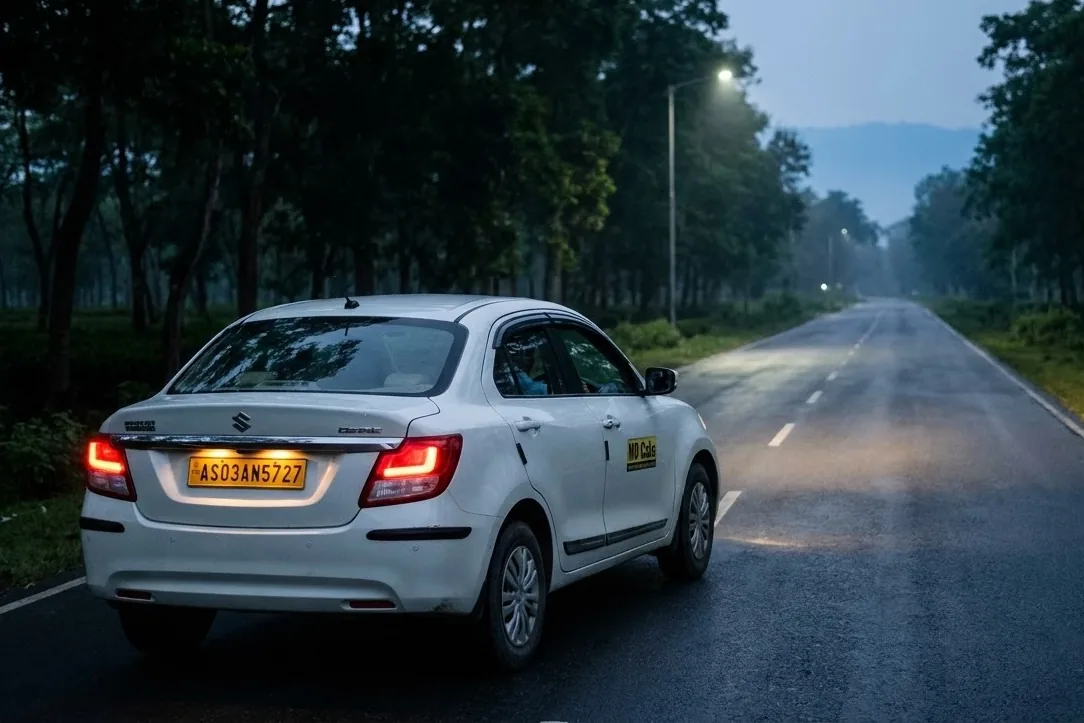 MD Cabs vehicle on a night run along NH 715 in Assam