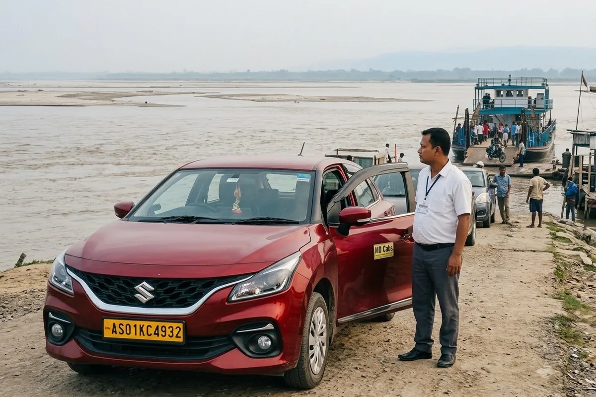 MD Cabs vehicle waiting for the Majuli ferry at Nimati Ghat near Jorhat
