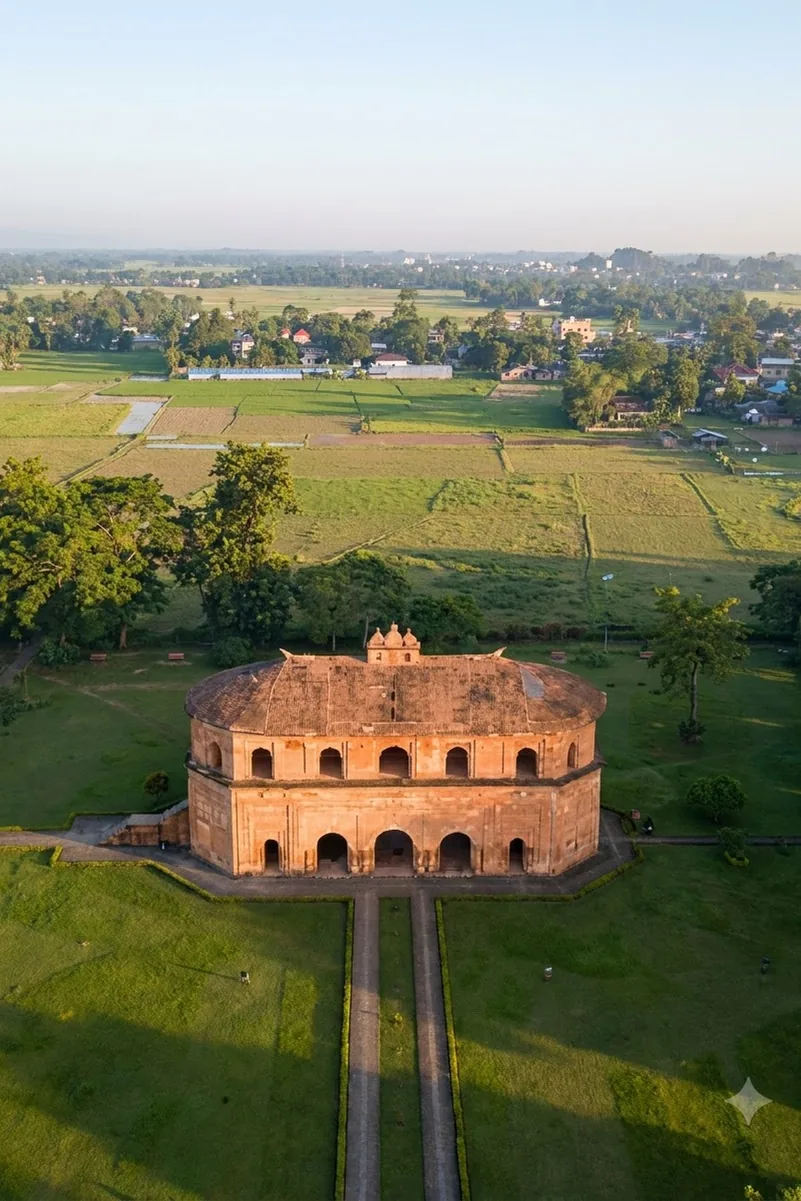 Aerial view of Rang Ghar, the Ahom era pavilion at Sivasagar in Upper Assam